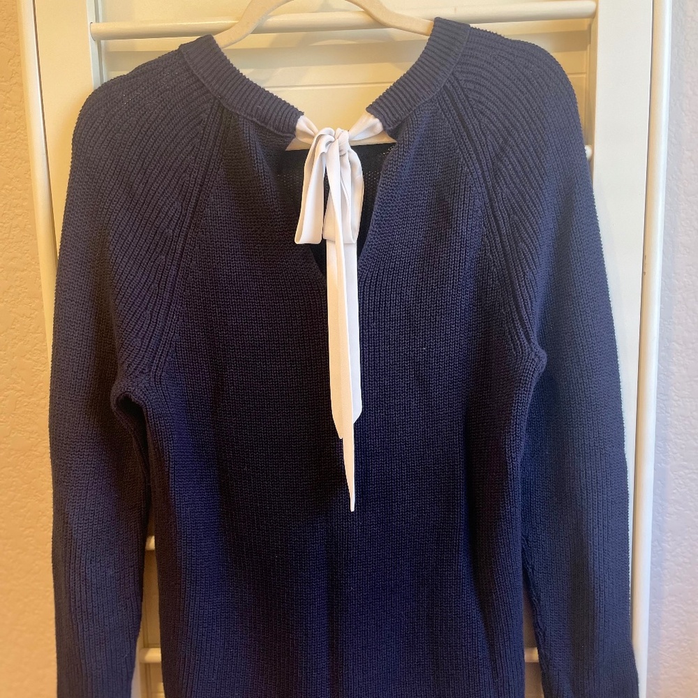 Ann Taylor - long navy sweater with bow detail